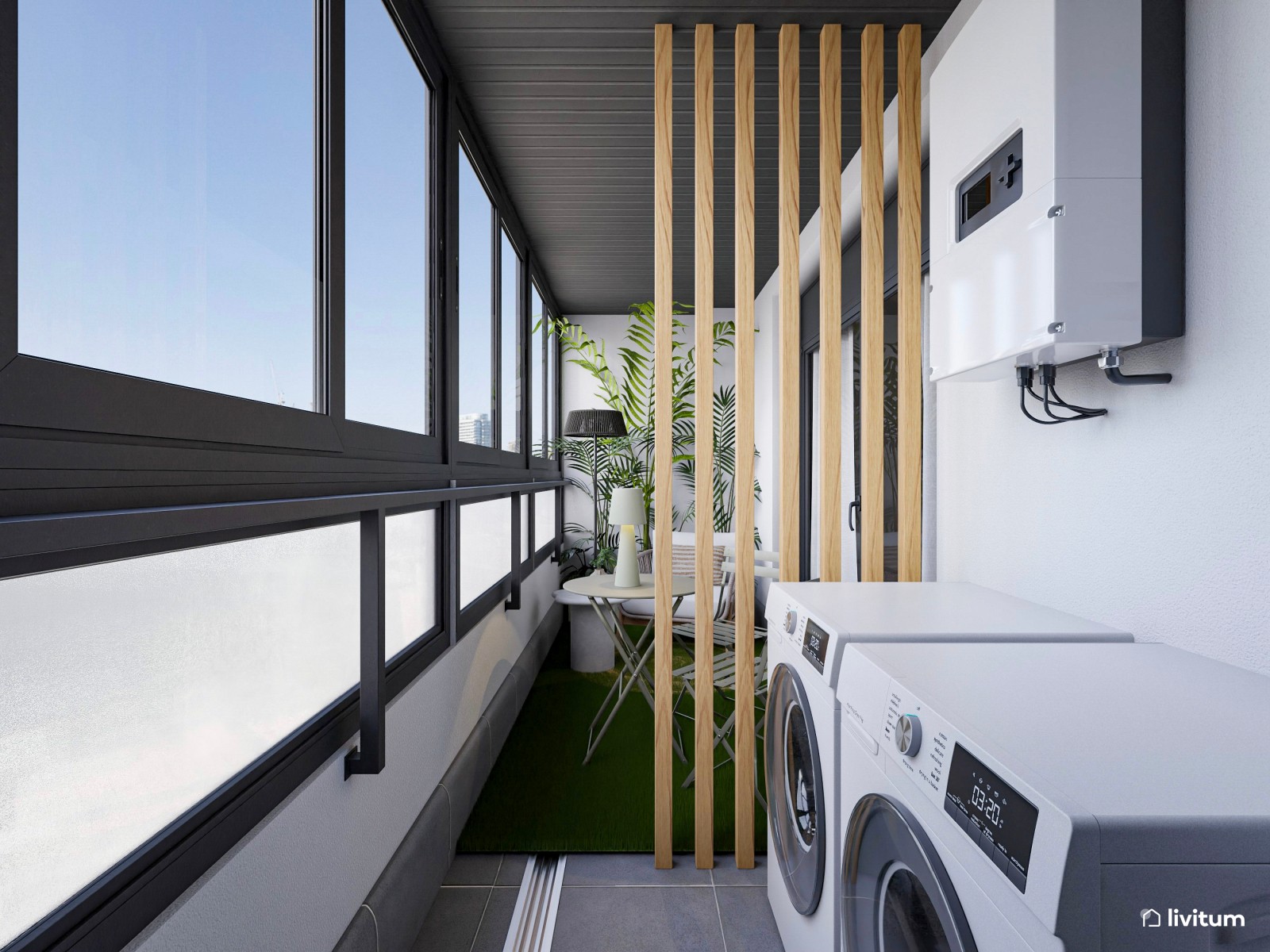 Terraza moderna con cerramiento y zona de lavadero 