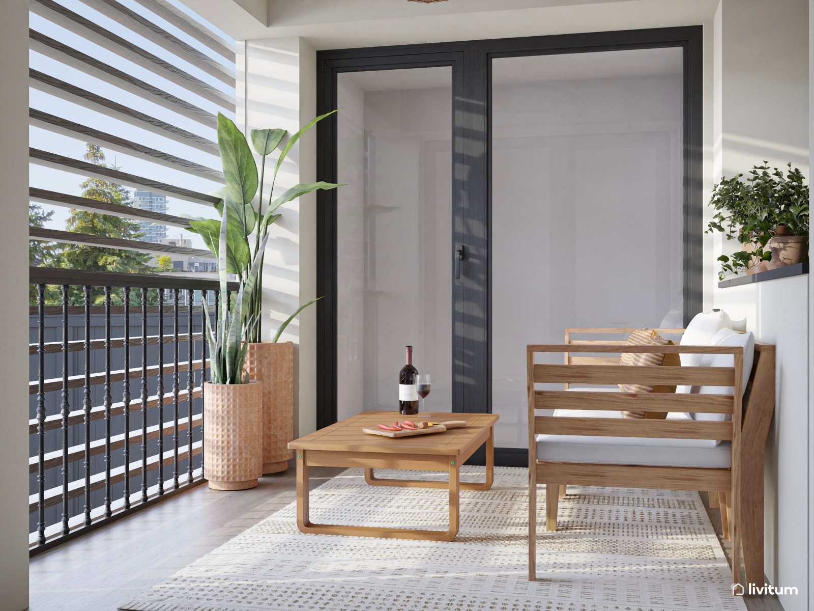 Terraza moderna con cerramientos prácticos, muebles de madera y textiles claros