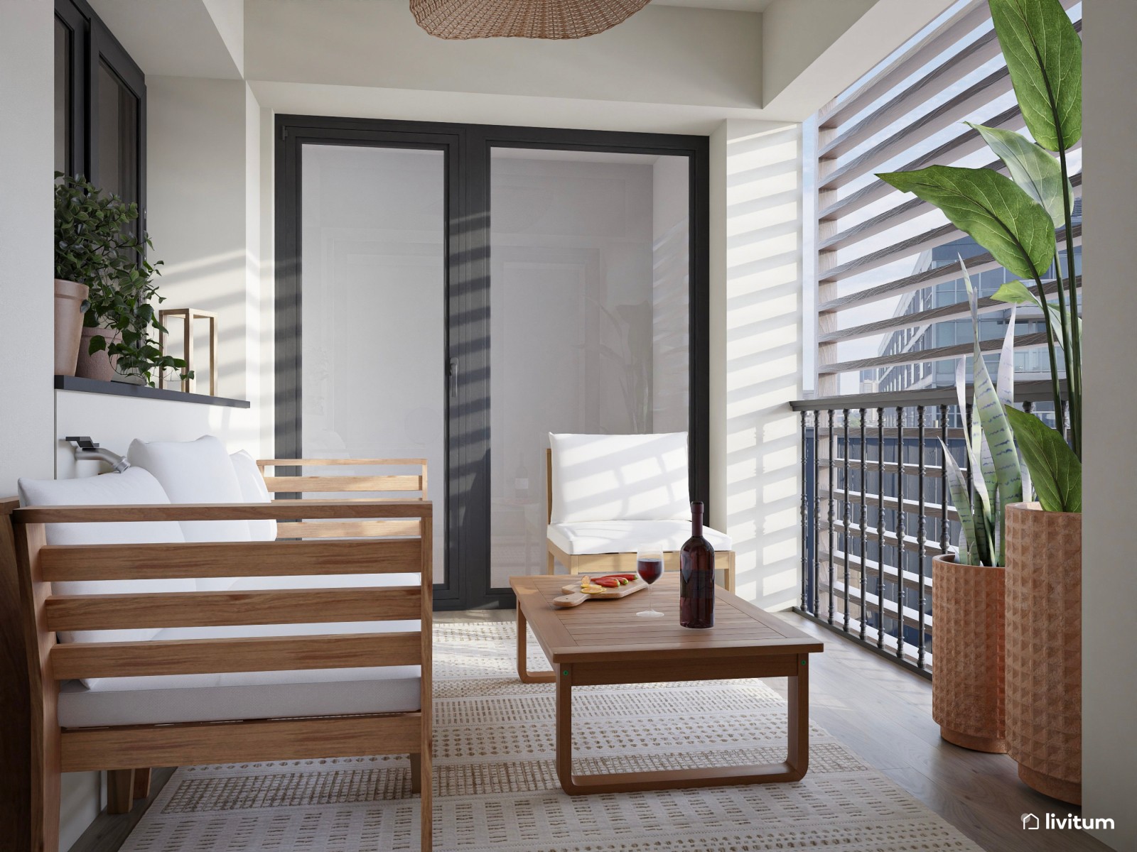 Terraza moderna con cerramientos prácticos, muebles de madera y textiles claros