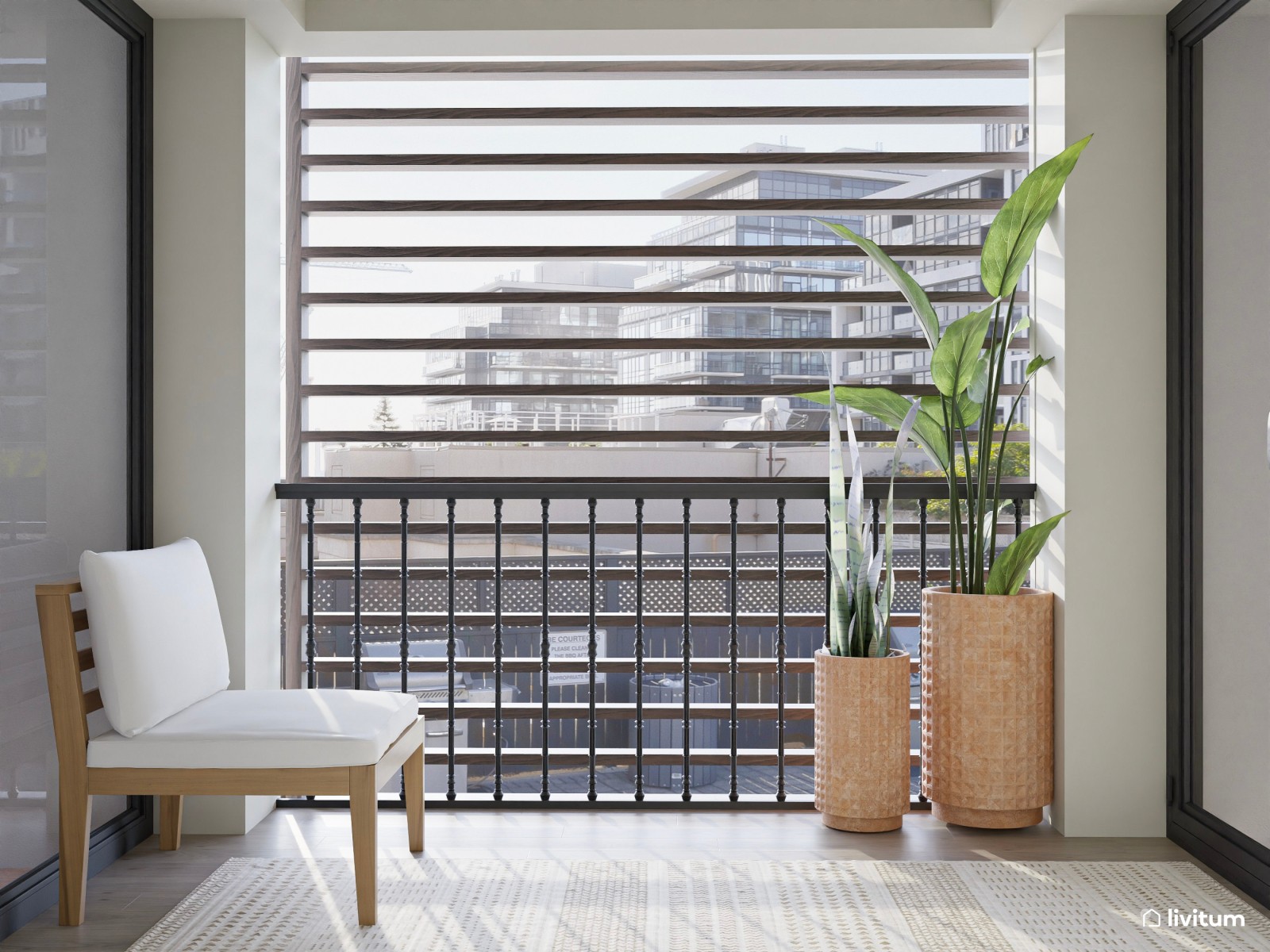 Terraza moderna con cerramientos prácticos, muebles de madera y textiles claros