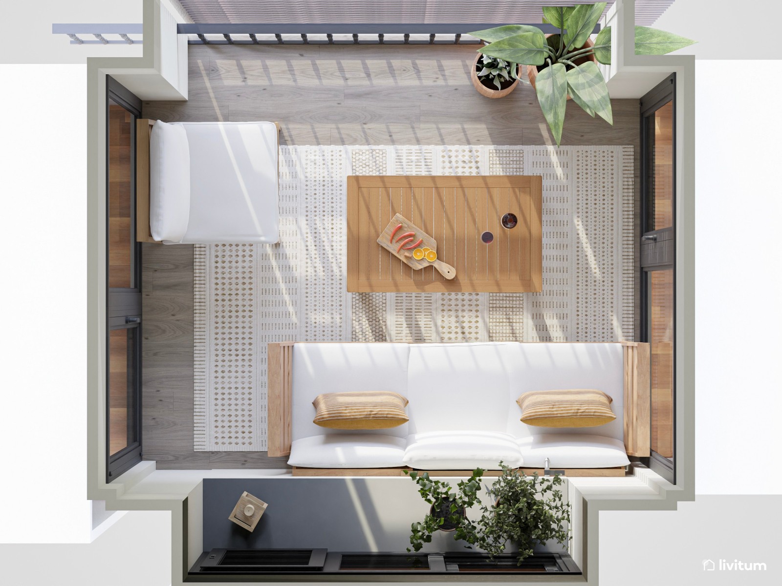Terraza moderna con cerramientos prácticos, muebles de madera y textiles claros