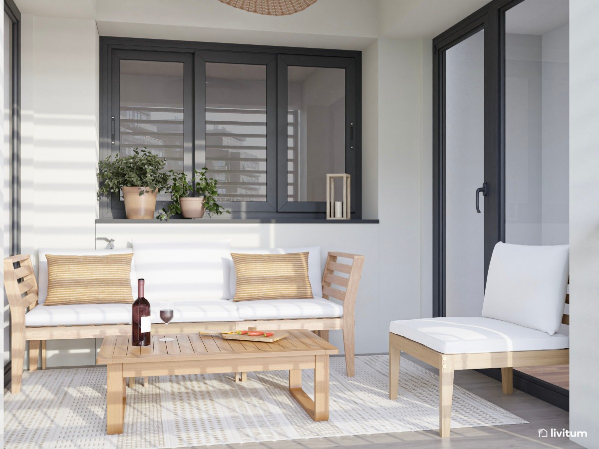Terraza moderna con cerramientos prácticos, muebles de madera y textiles claros