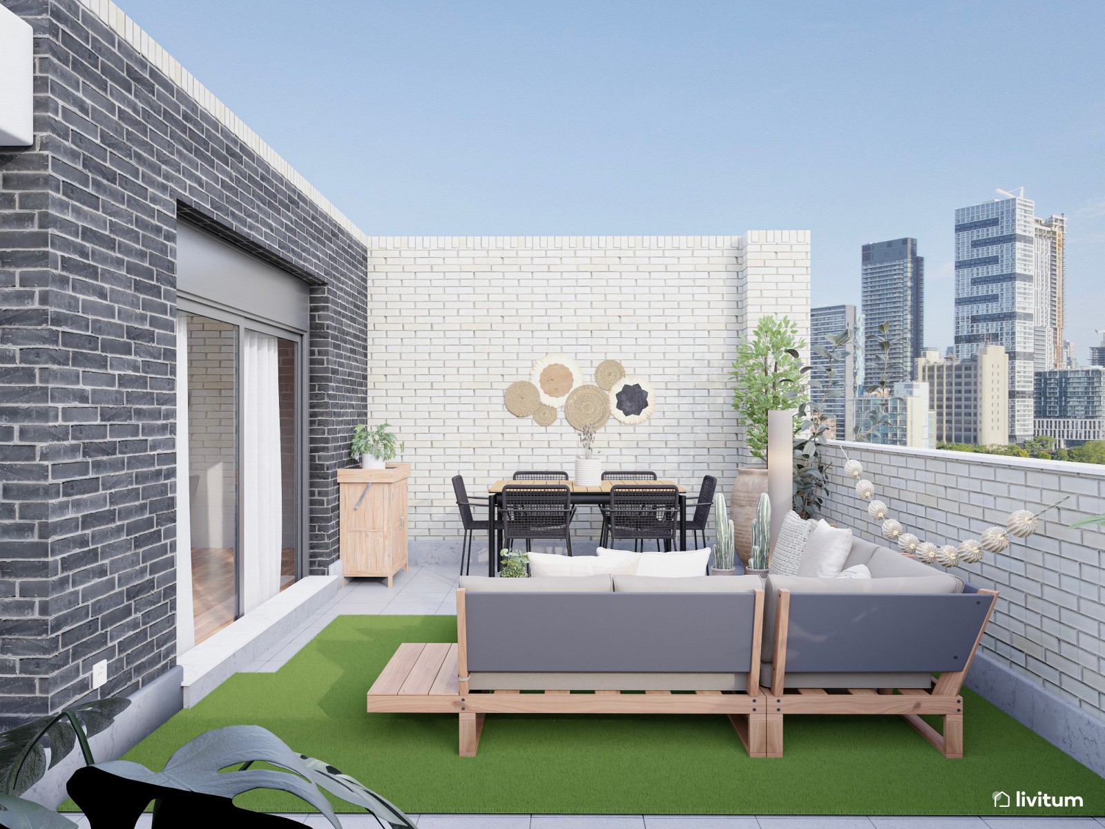 Terraza moderna con chill out en color gris y césped ornamental