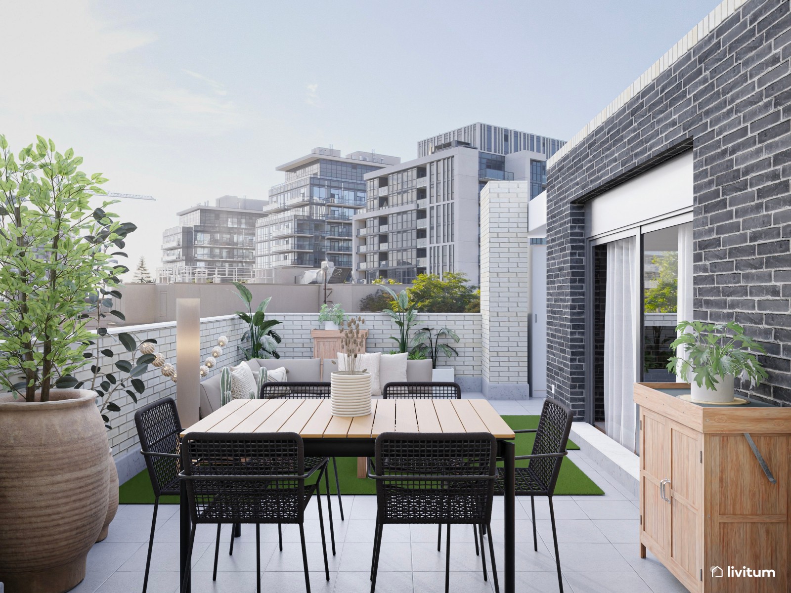 Terraza moderna con chill out en color gris y césped ornamental