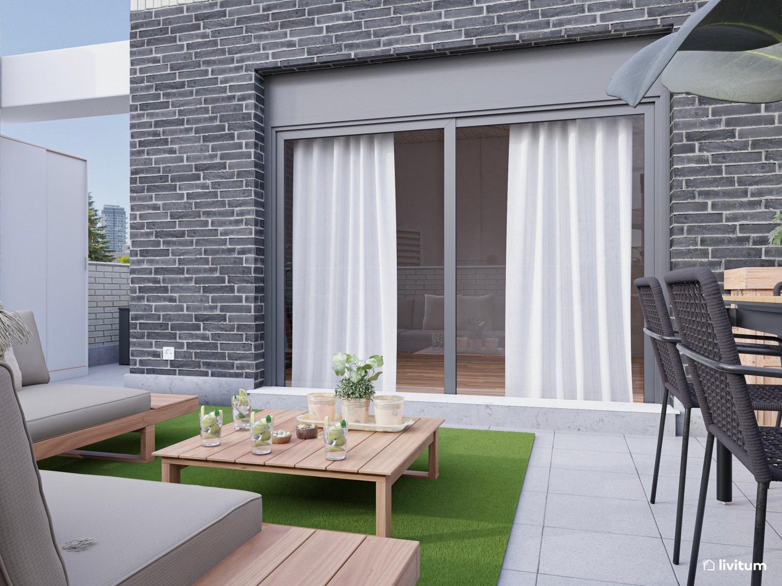 Terraza moderna con chill out en color gris y césped ornamental
