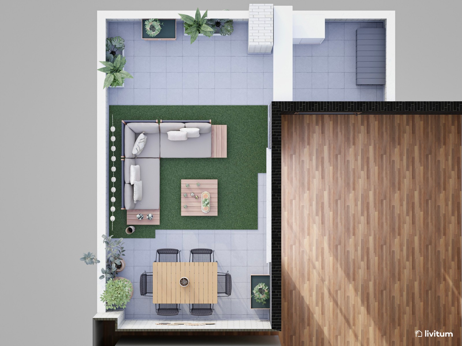 Terraza moderna con chill out en color gris y césped ornamental