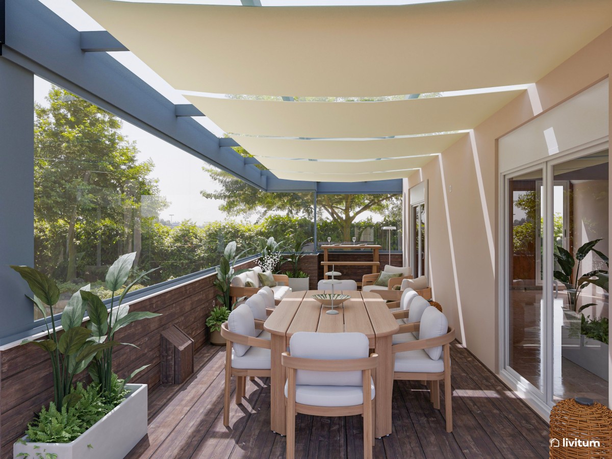 Terraza moderna con comedor exterior para disfrutar del verano
