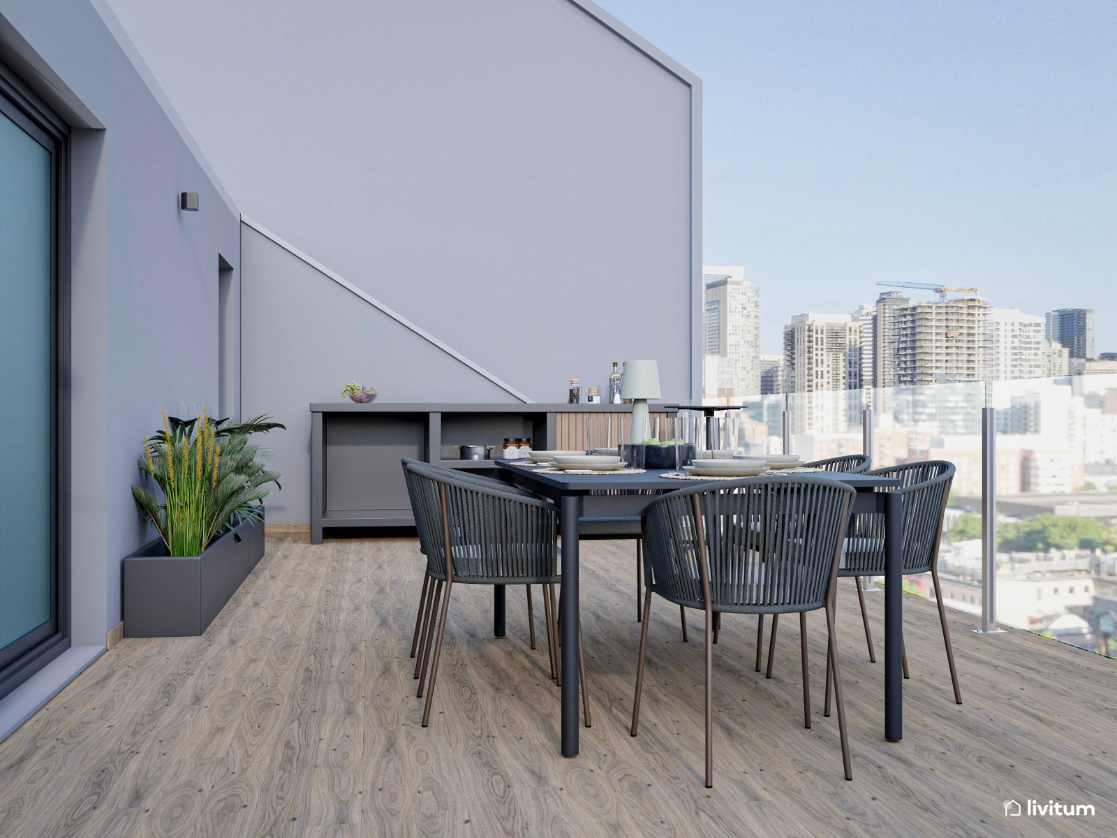 Terraza moderna con fantásticas vistas y muebles en tonos neutros