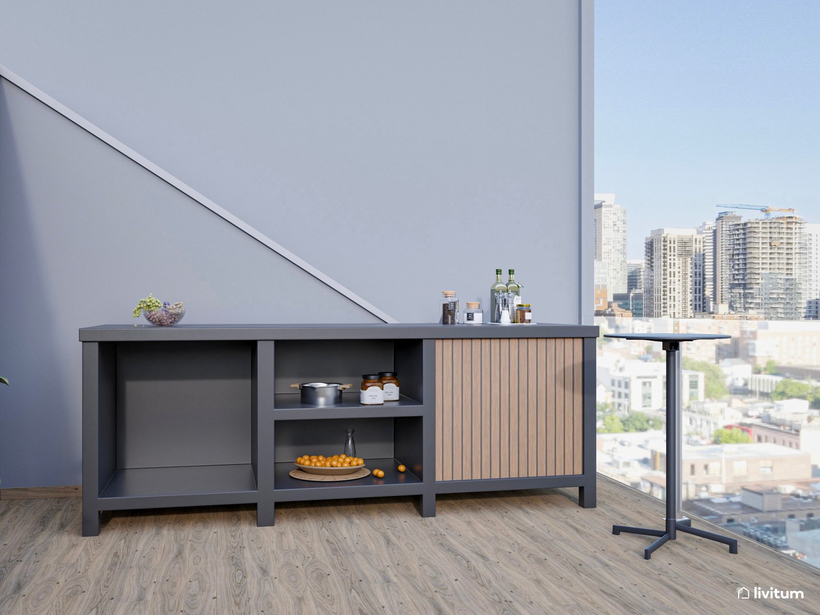 Terraza moderna con fantásticas vistas y muebles en tonos neutros