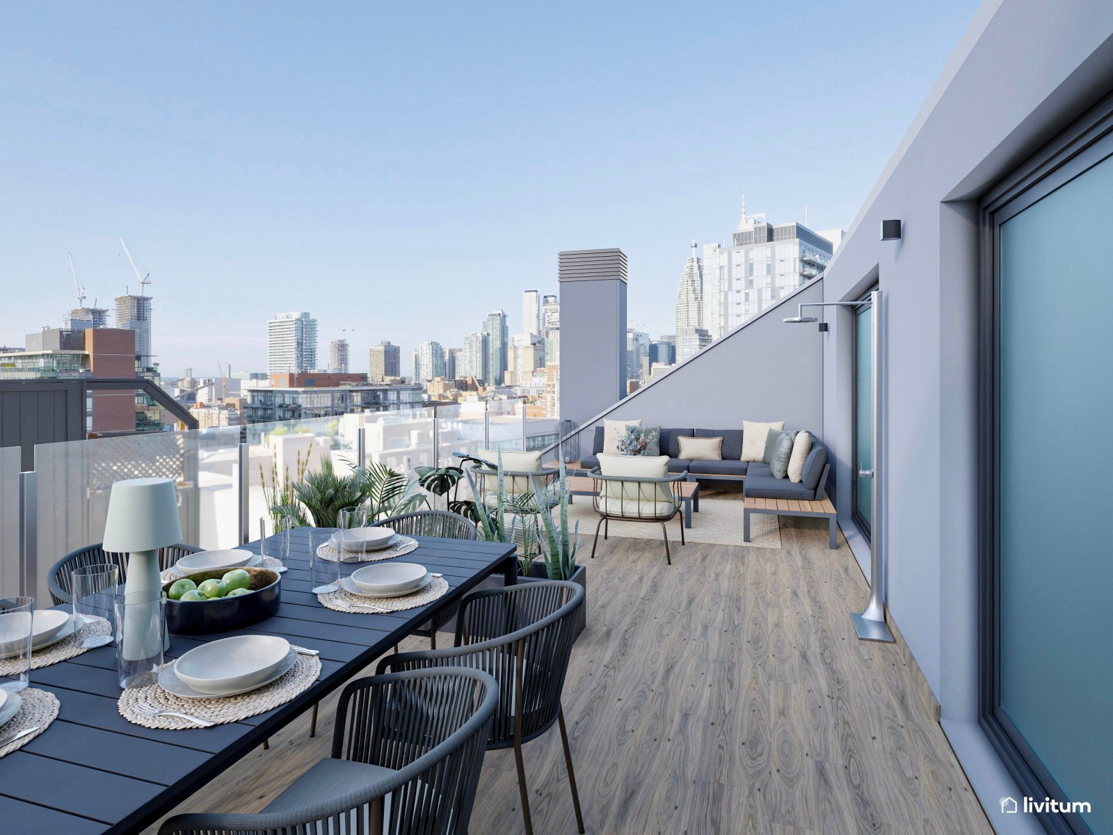 Terraza moderna con fantásticas vistas y muebles en tonos neutros