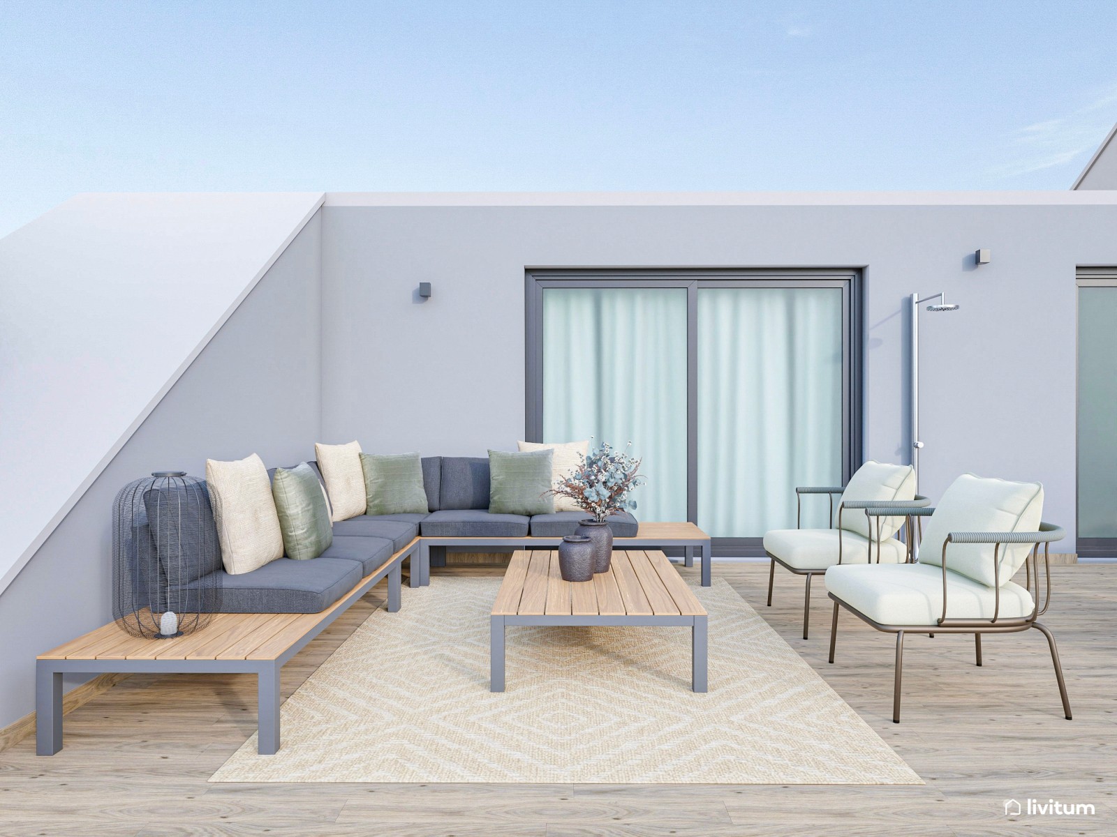 Terraza moderna con fantásticas vistas y muebles en tonos neutros