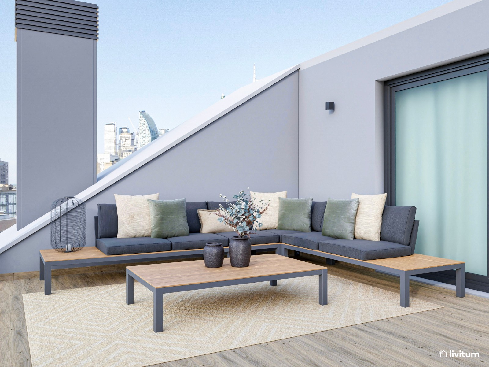 Terraza moderna con fantásticas vistas y muebles en tonos neutros