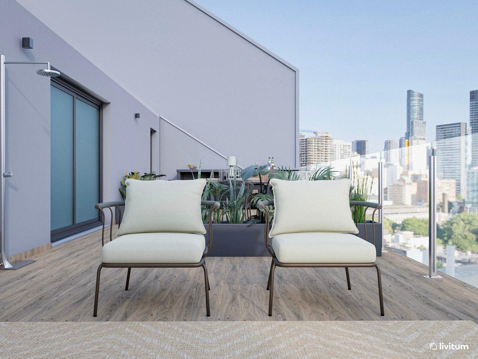 Terraza moderna con fantásticas vistas y muebles en tonos neutros