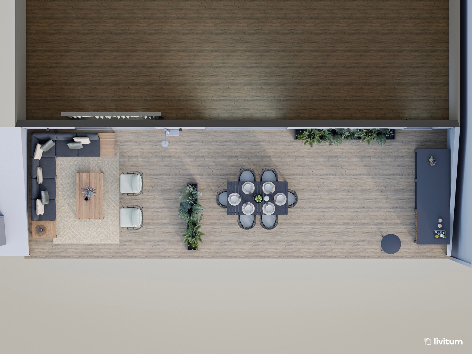 Terraza moderna con fantásticas vistas y muebles en tonos neutros