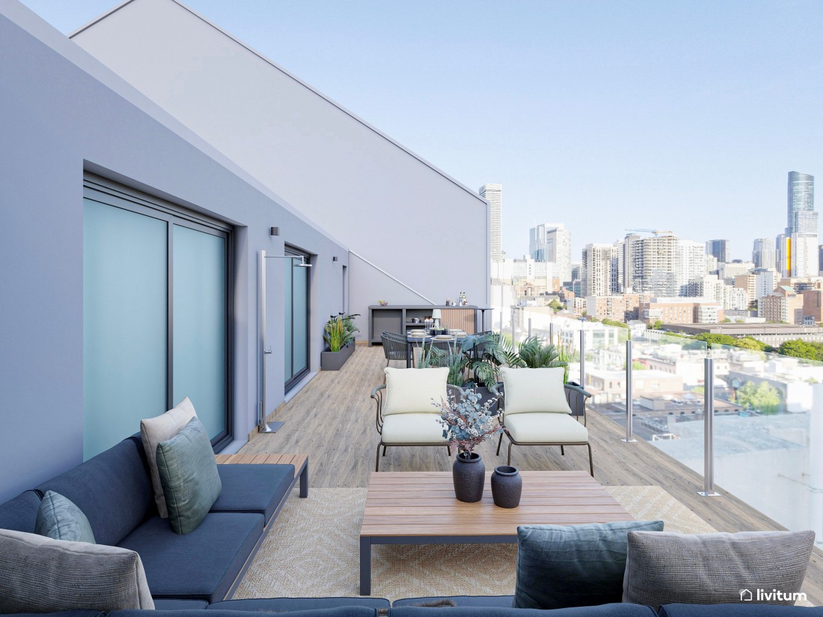 Terraza moderna con fantásticas vistas y muebles en tonos neutros