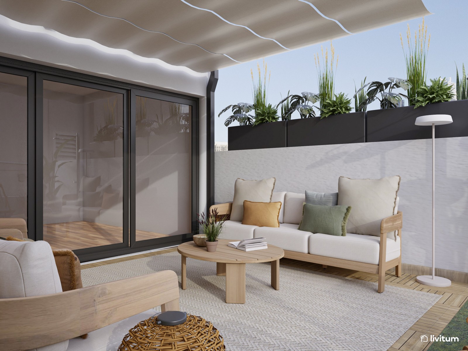 Terraza moderna con jardín vertical y muebles en tonos claros