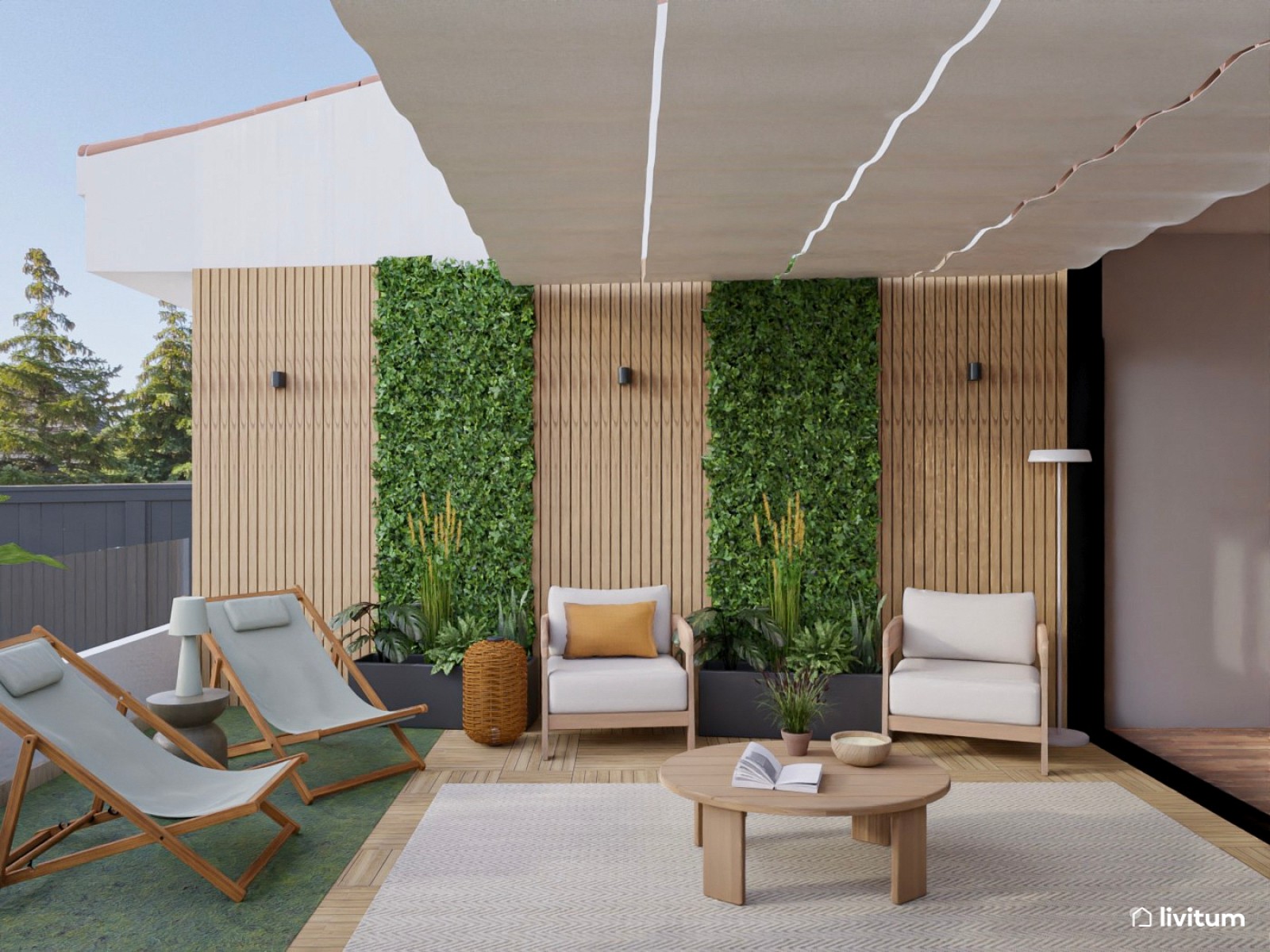 Terraza moderna con jardín vertical y muebles en tonos claros