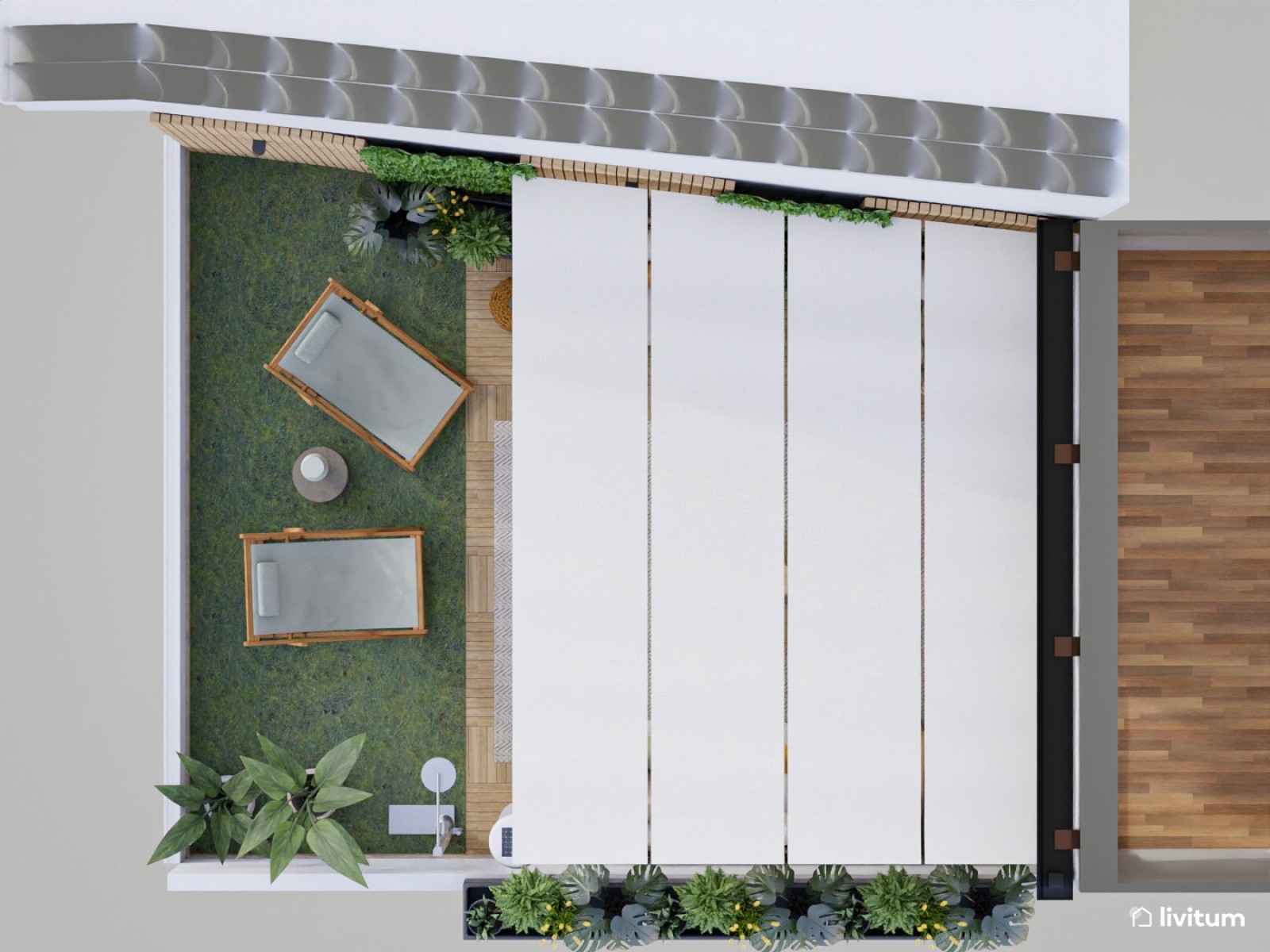 Terraza moderna con jardín vertical y muebles en tonos claros
