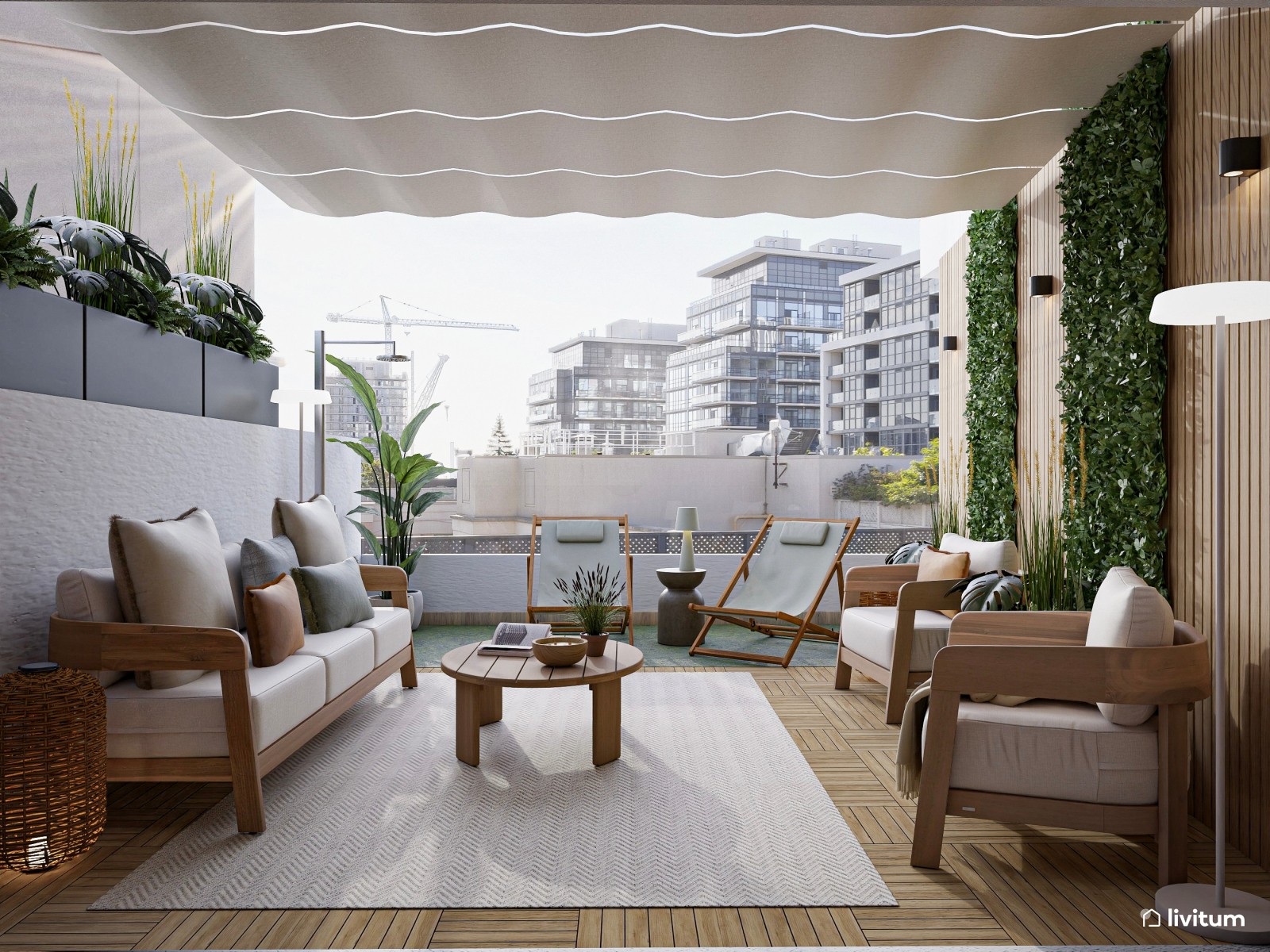 Terraza moderna con jardín vertical y muebles en tonos claros