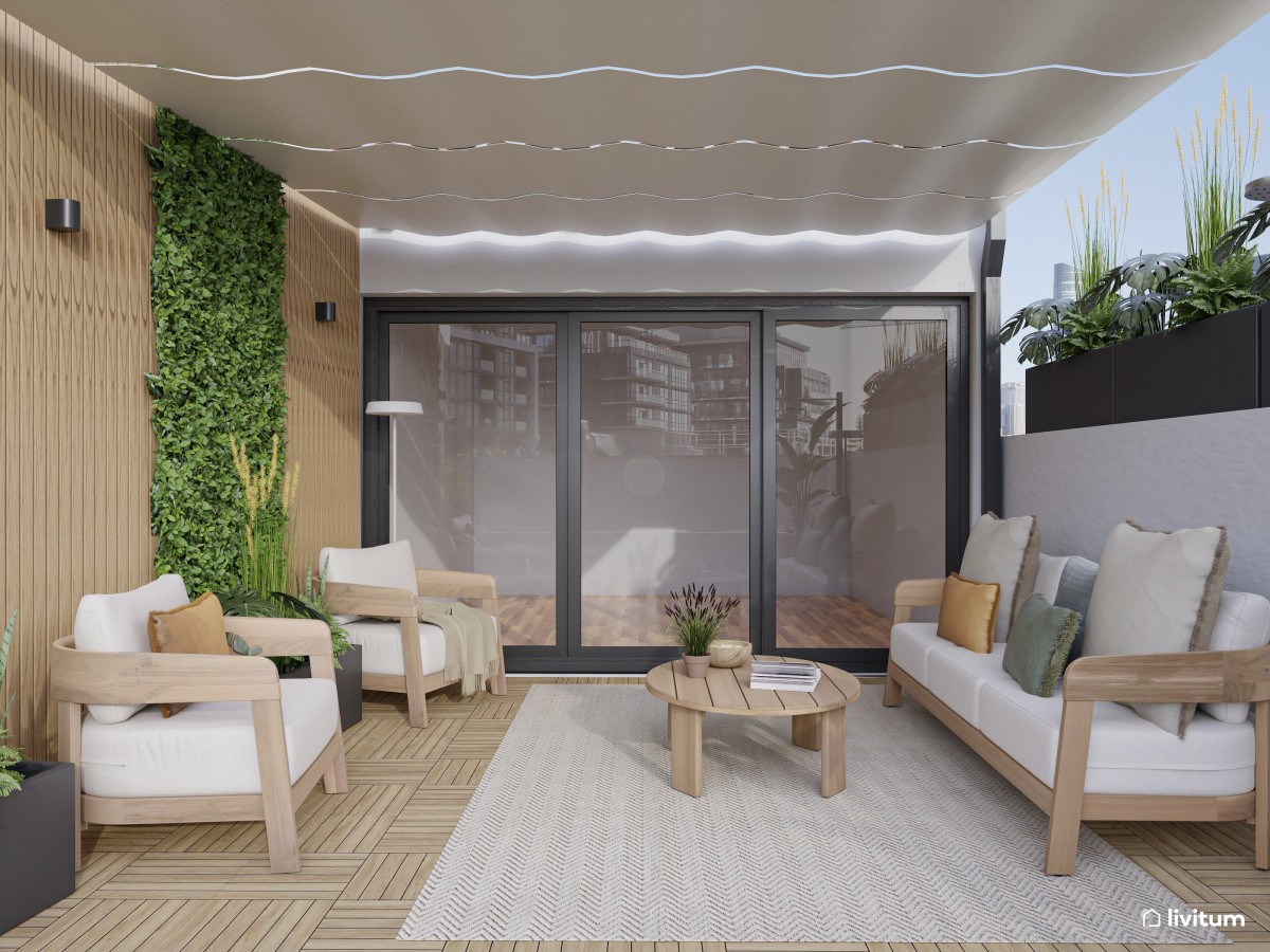 Terraza moderna con jardín vertical y muebles en tonos claros