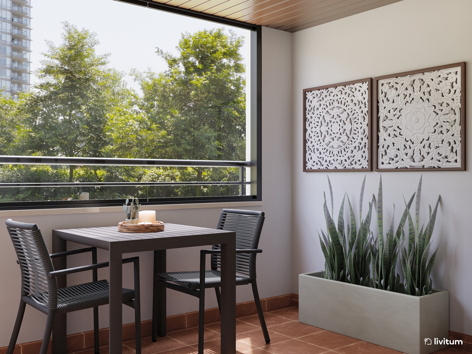 Terraza moderna en negro y con jardín vertical 