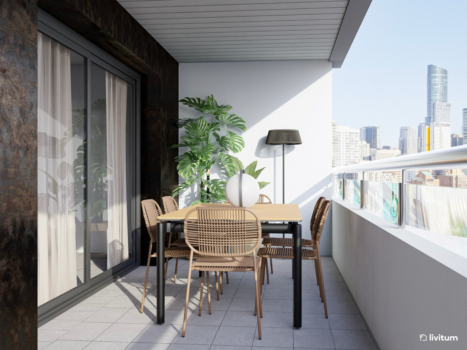 Terraza moderna en planta alargada con diseño en madera oscura