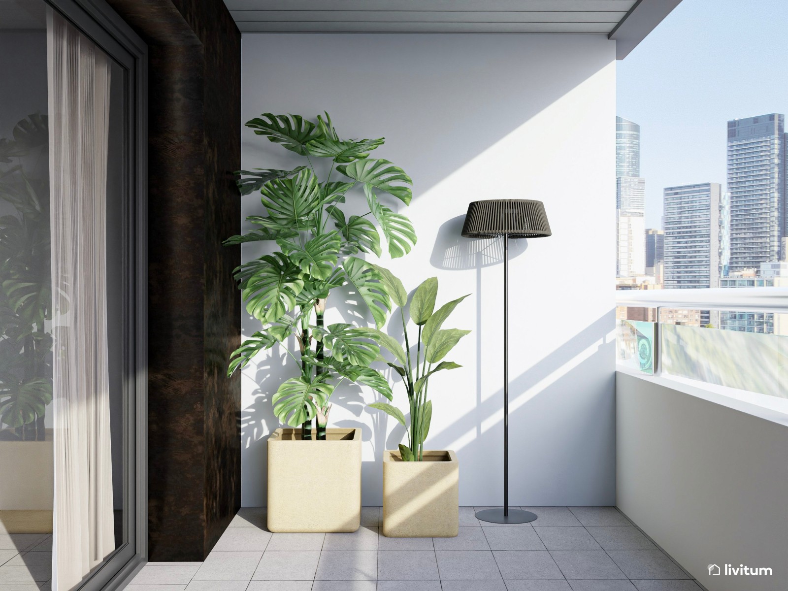 Terraza moderna en planta alargada con diseño en madera oscura