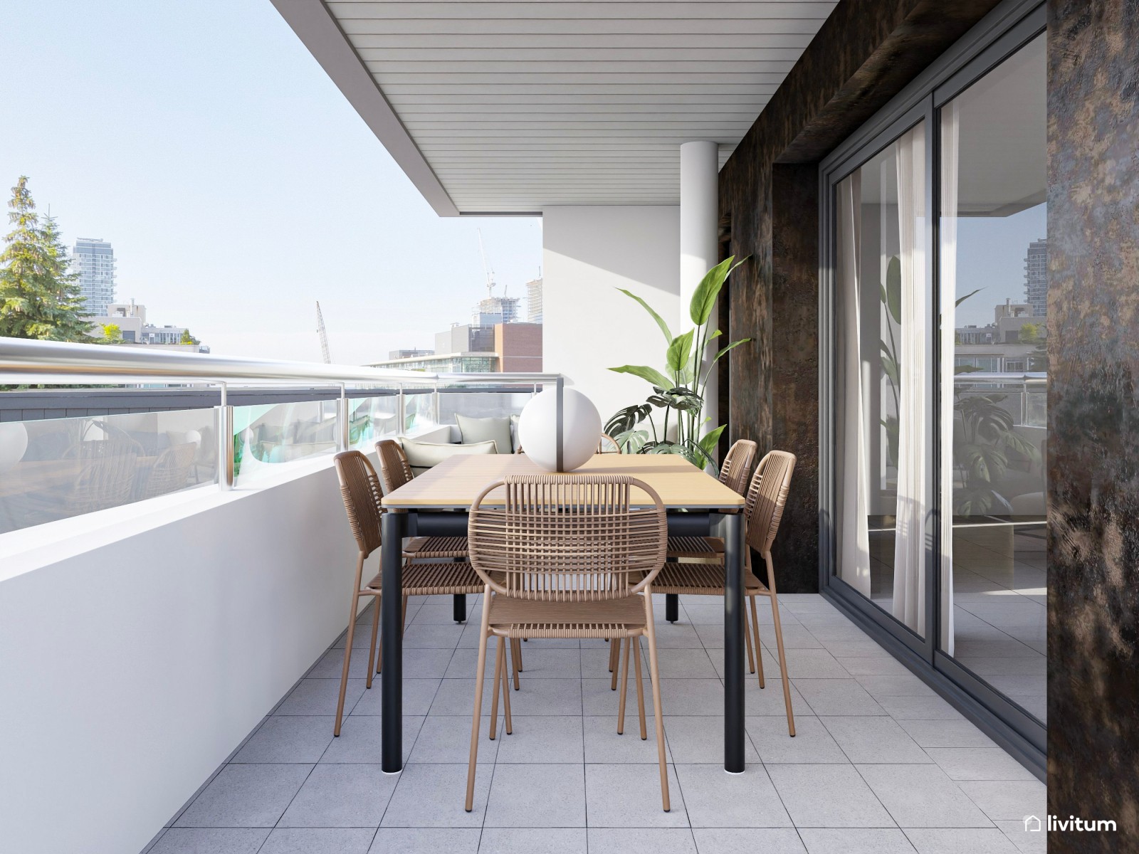 Terraza moderna en planta alargada con diseño en madera oscura