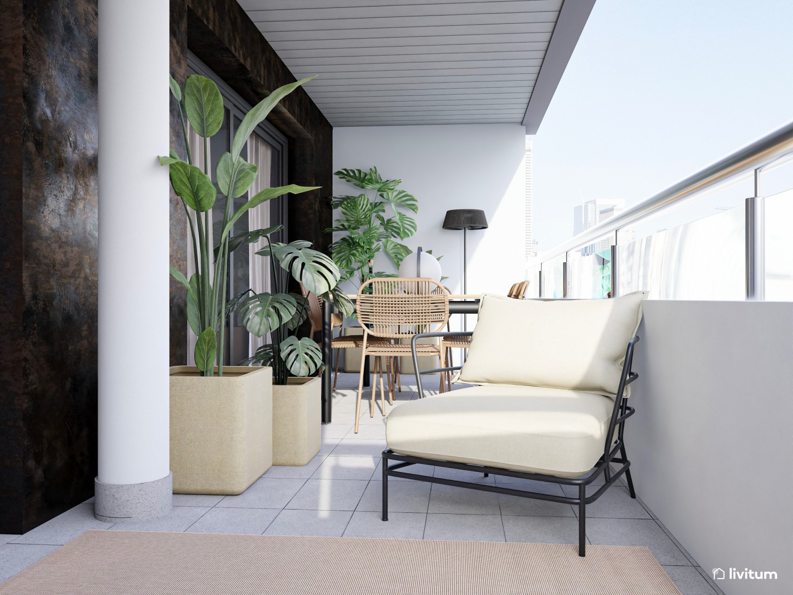 Terraza moderna en planta alargada con diseño en madera oscura