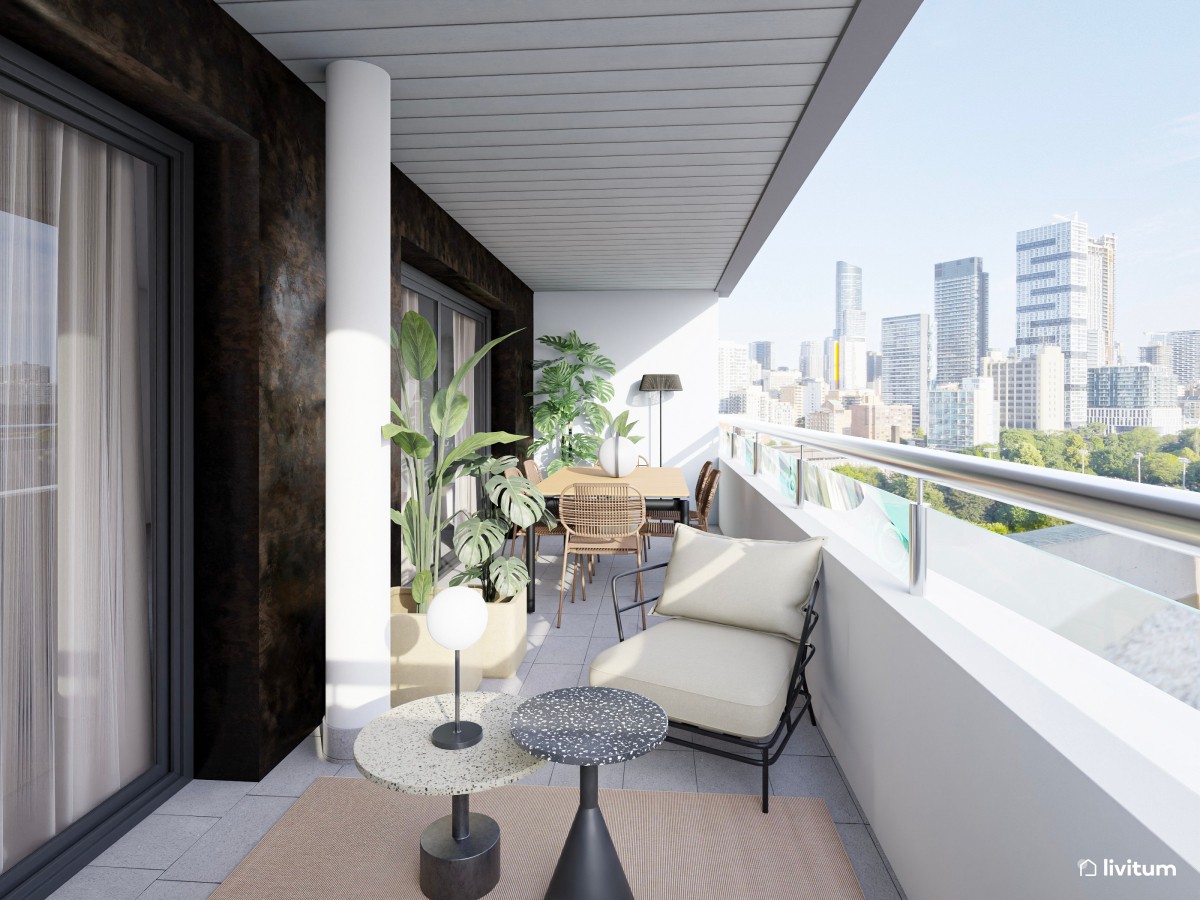 Terraza moderna en planta alargada con diseño en madera oscura