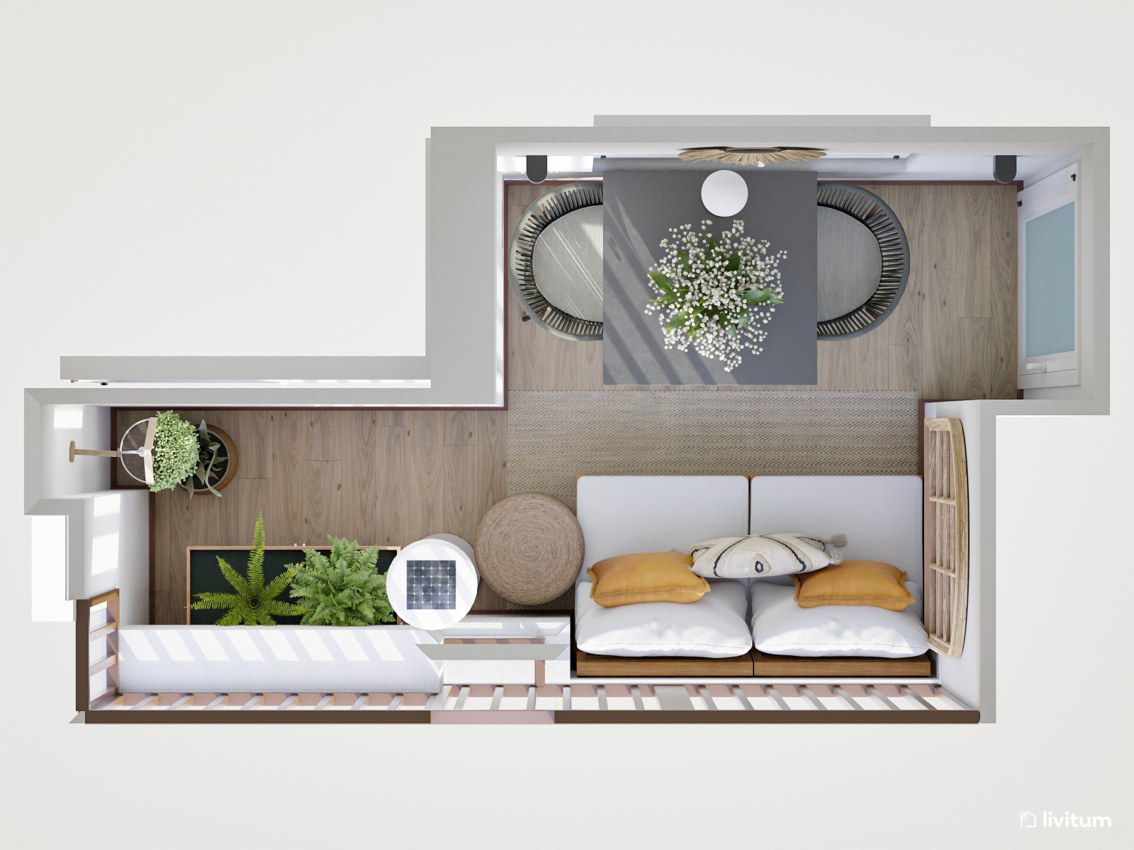 Terraza pequeña de 4 m² con zona de salón y pequeño comedor