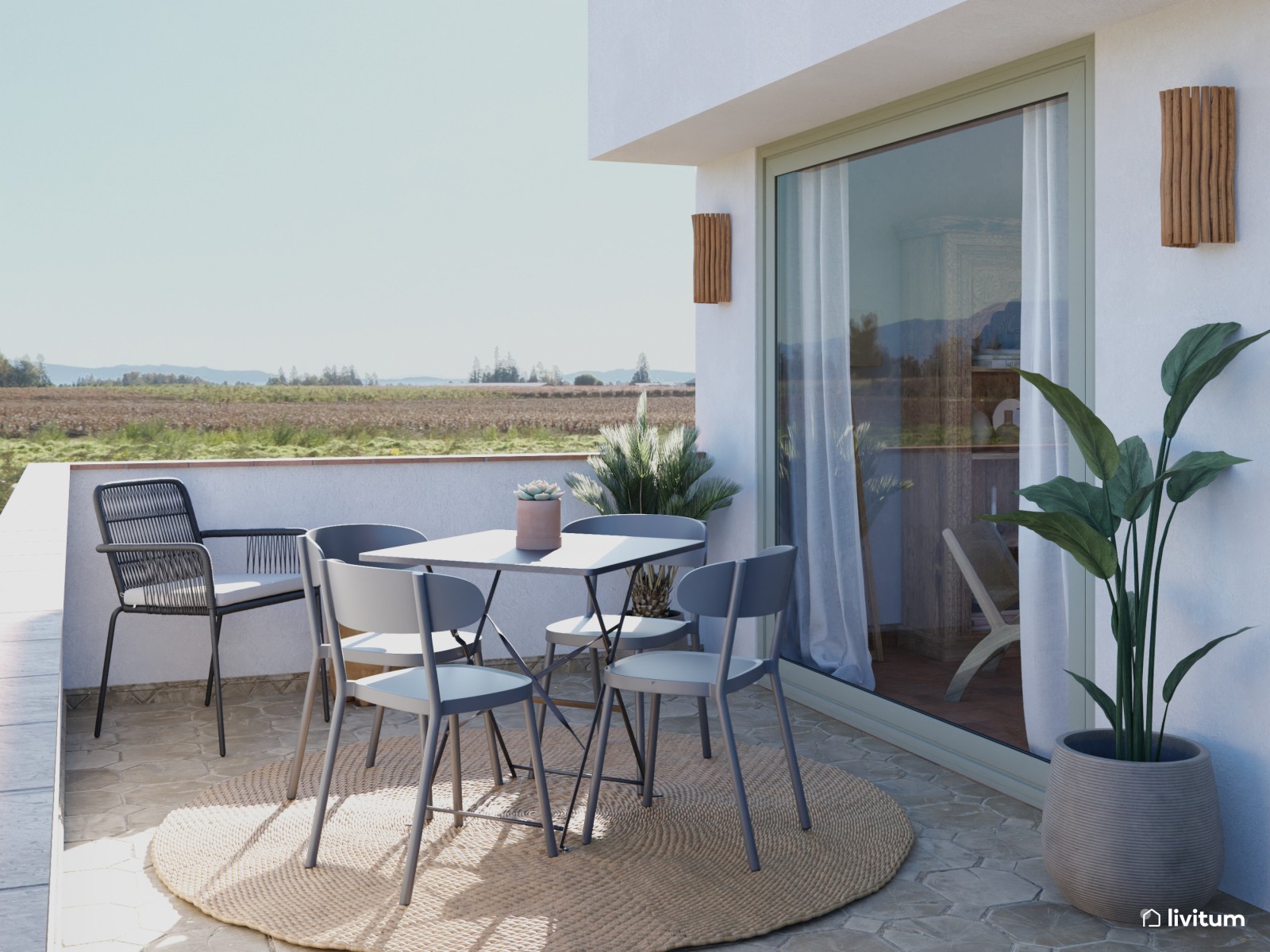 Terraza privada con muebles oscuros