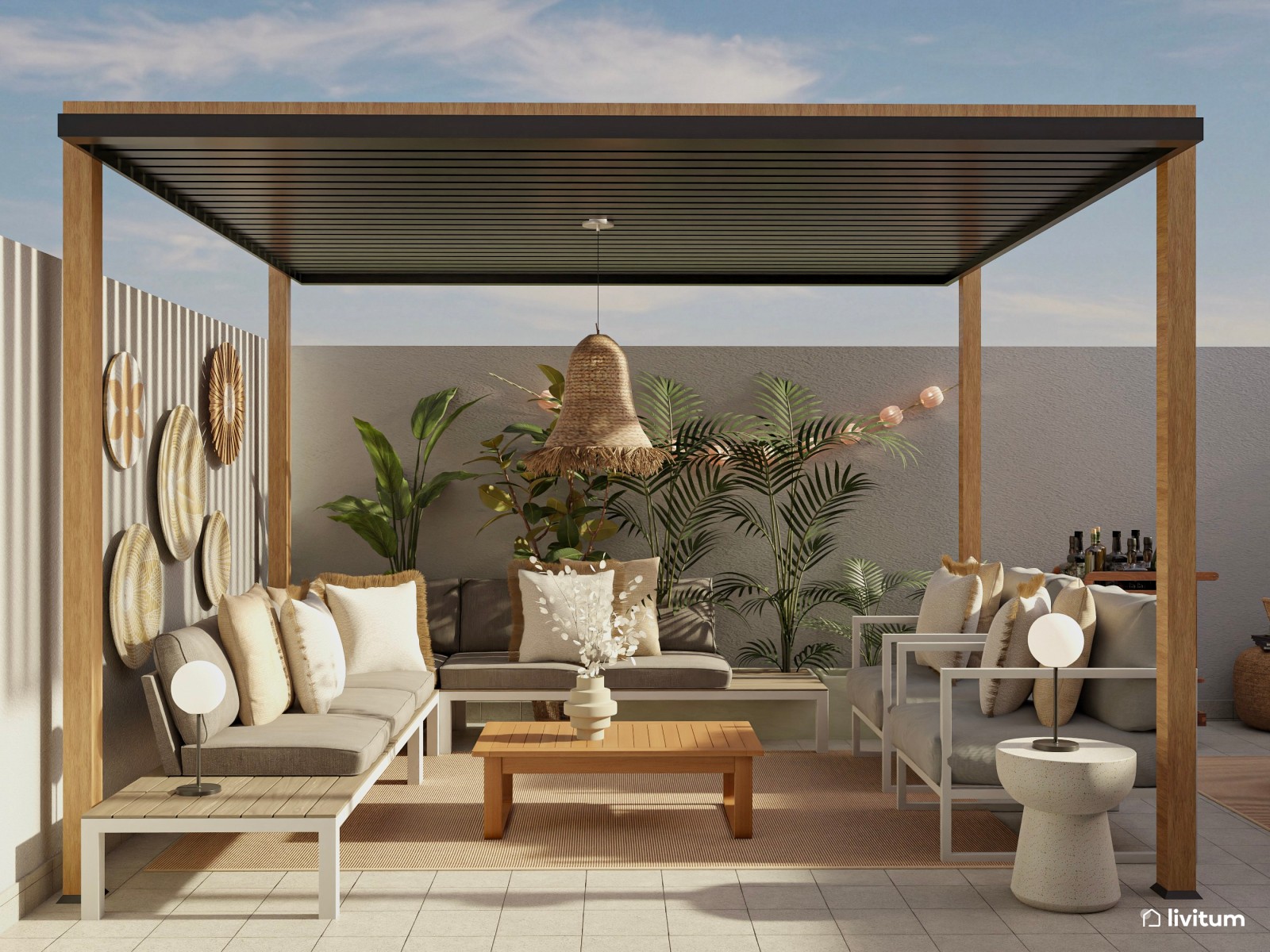 Terraza repleta de fibras naturales y con pérgola