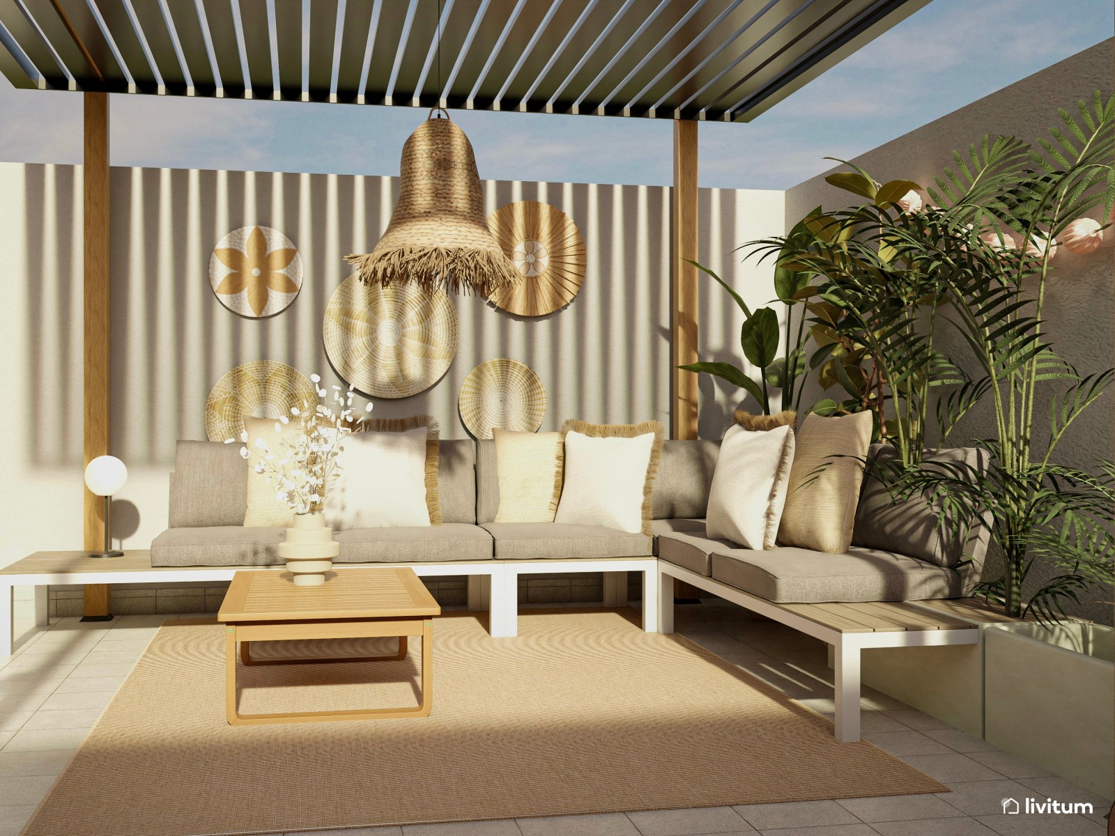 Terraza repleta de fibras naturales y con pérgola