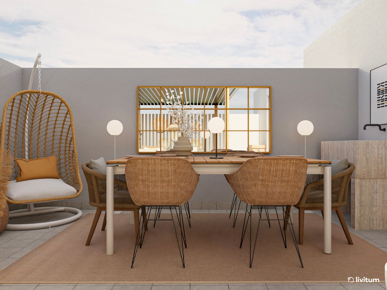 Terraza repleta de fibras naturales y con pérgola
