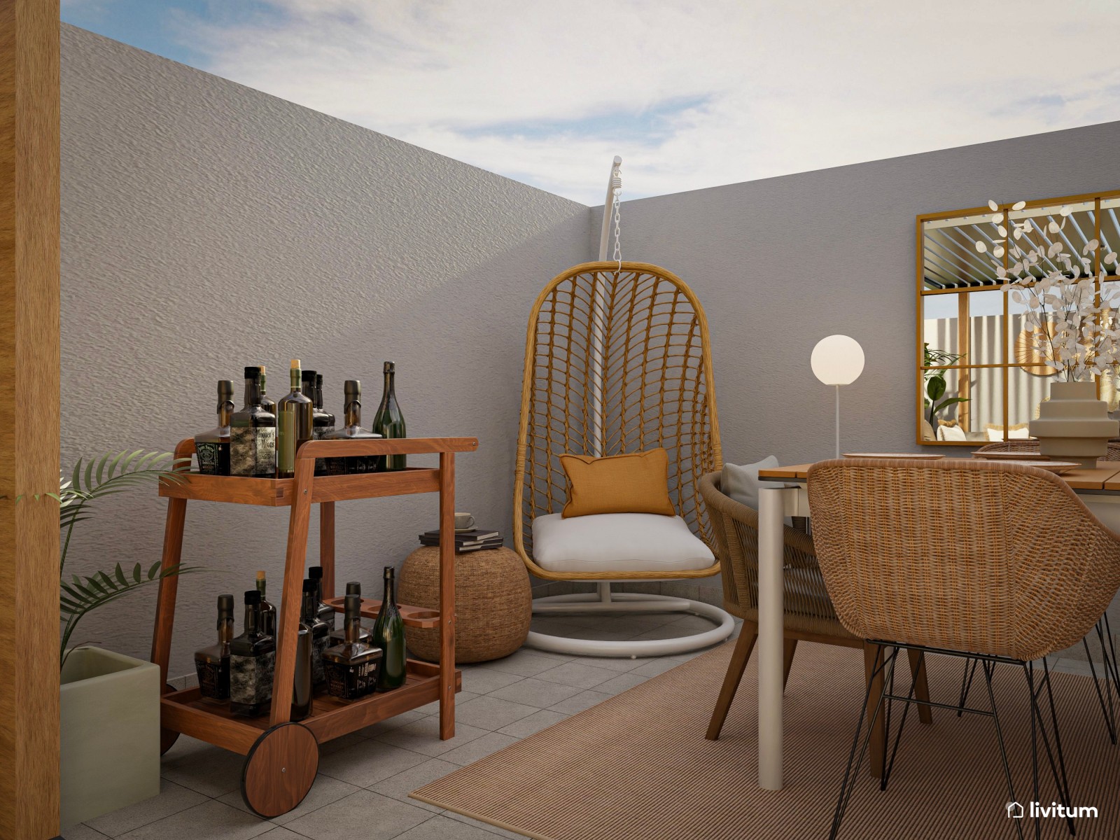 Terraza repleta de fibras naturales y con pérgola