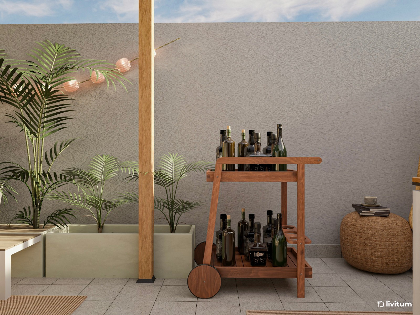 Terraza repleta de fibras naturales y con pérgola