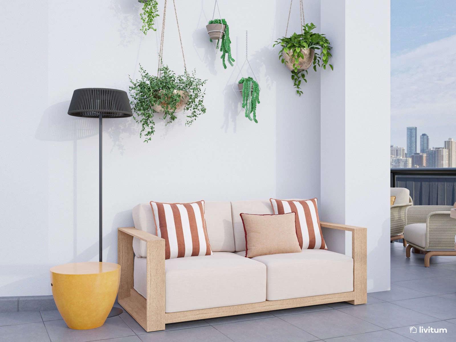 Terraza urbana de estilo moderno tropical con detalles atrevidos y frescos