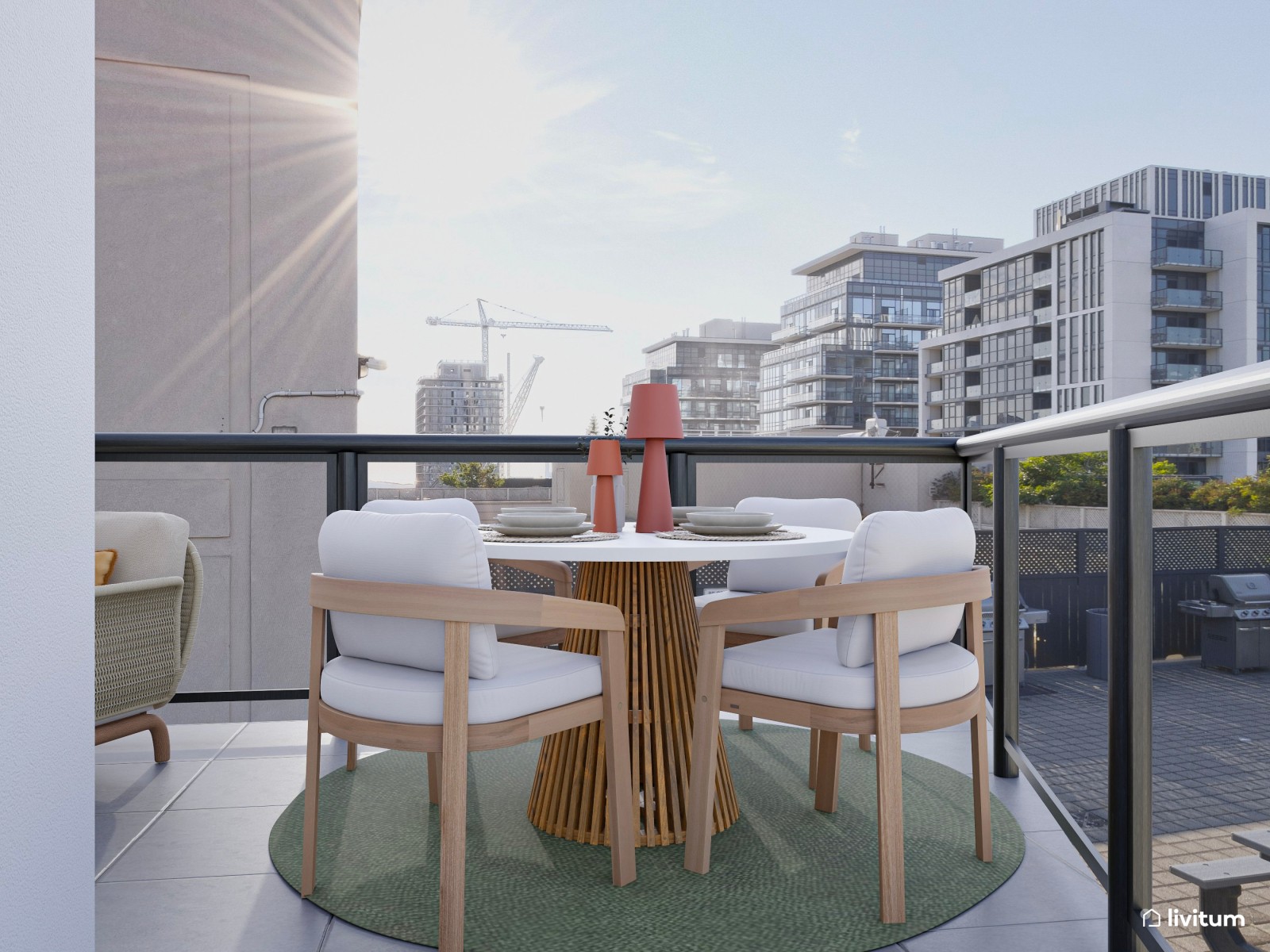 Terraza urbana de estilo moderno tropical con detalles atrevidos y frescos