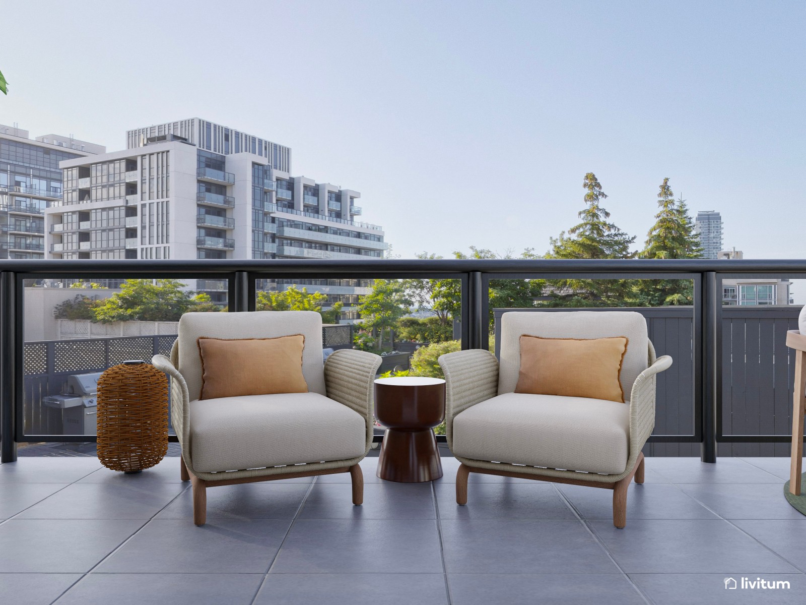 Terraza urbana de estilo moderno tropical con detalles atrevidos y frescos