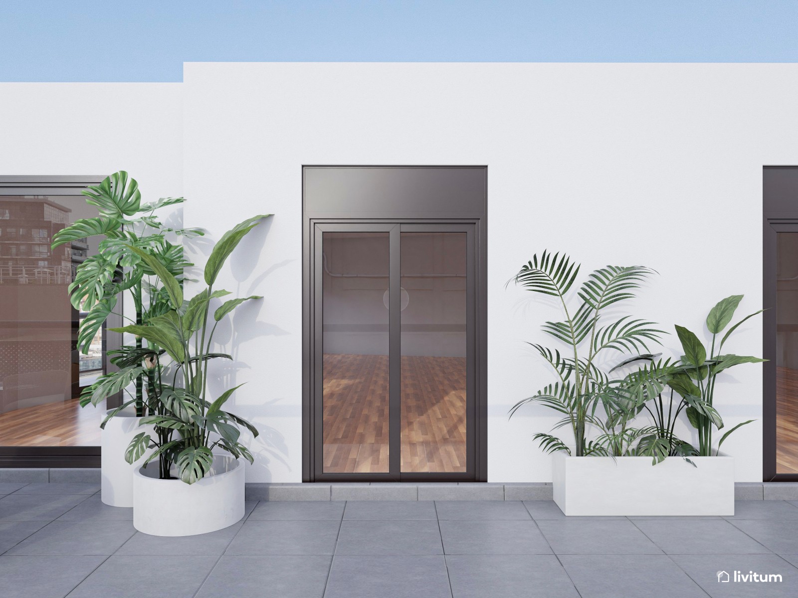 Terraza urbana de estilo moderno tropical con detalles atrevidos y frescos