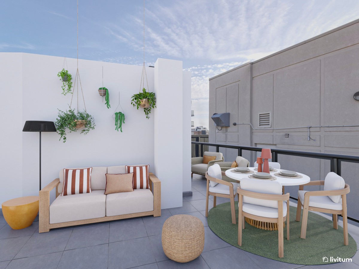 Terraza urbana de estilo moderno tropical con detalles atrevidos y frescos