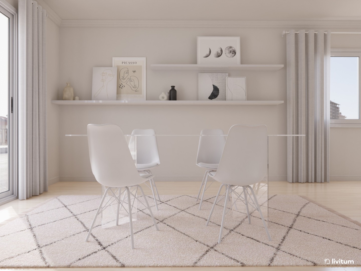 Total White con un toque gris para salón comedor - Livitum.com