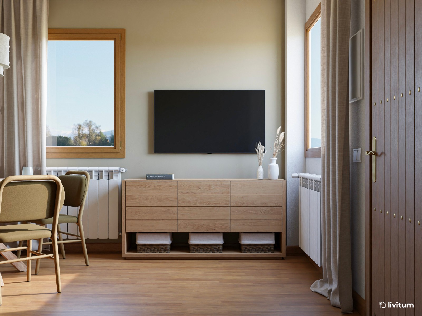 Turístico- Salón comedor con cocina abierta de estilo nórdico para piso de alquiler turístico