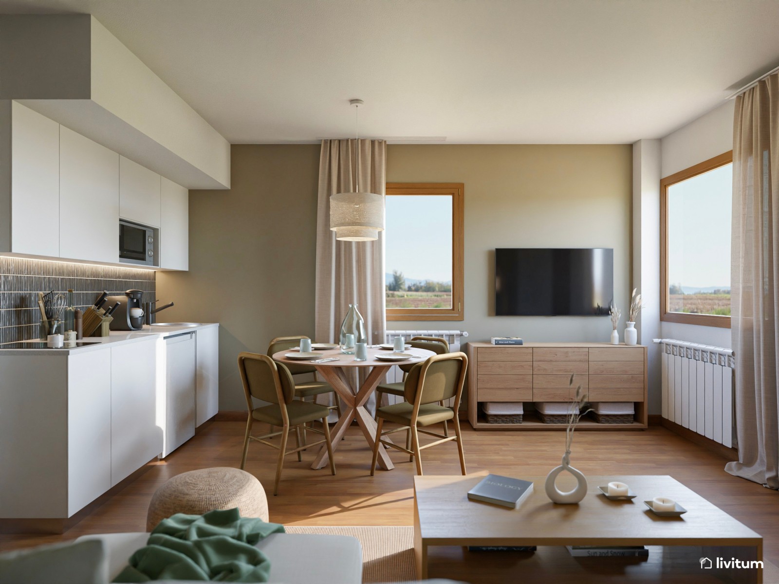 Turístico- Salón comedor con cocina abierta de estilo nórdico para piso de alquiler turístico