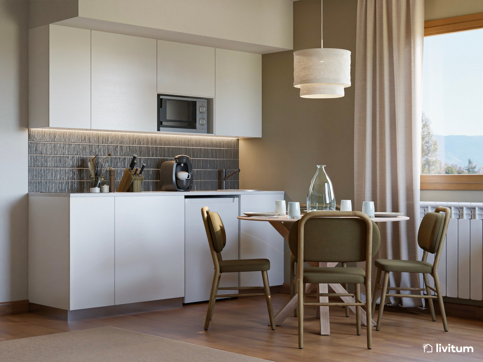 Turístico- Salón comedor con cocina abierta de estilo nórdico para piso de alquiler turístico