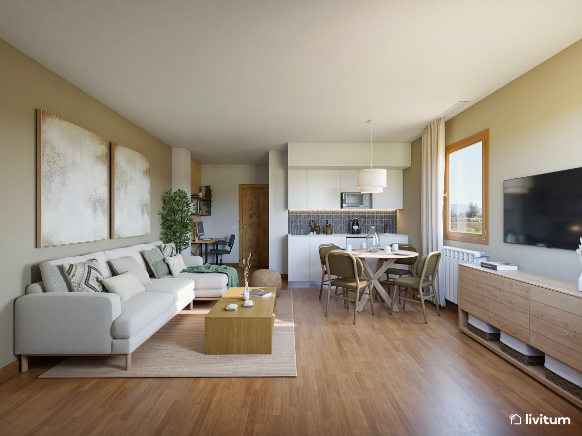 Turístico- Salón comedor con cocina abierta de estilo nórdico para piso de alquiler turístico