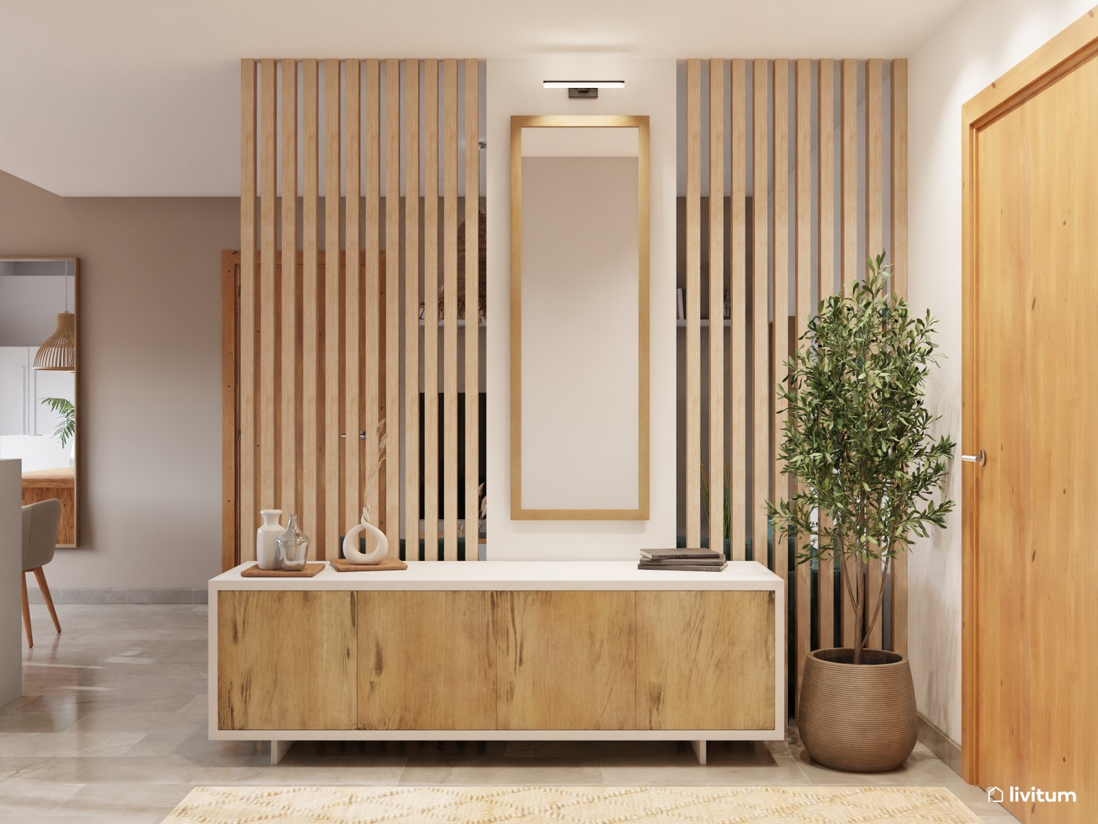Un comedor moderno decorado en azul y madera 