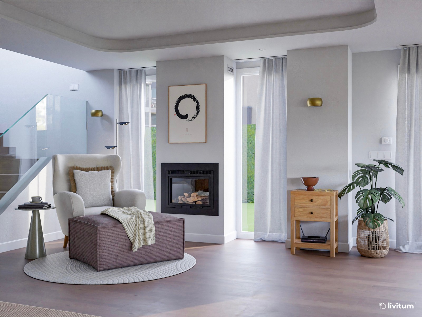 Un salón amplio con un plácido rincón de lectura junto a la chimenea
