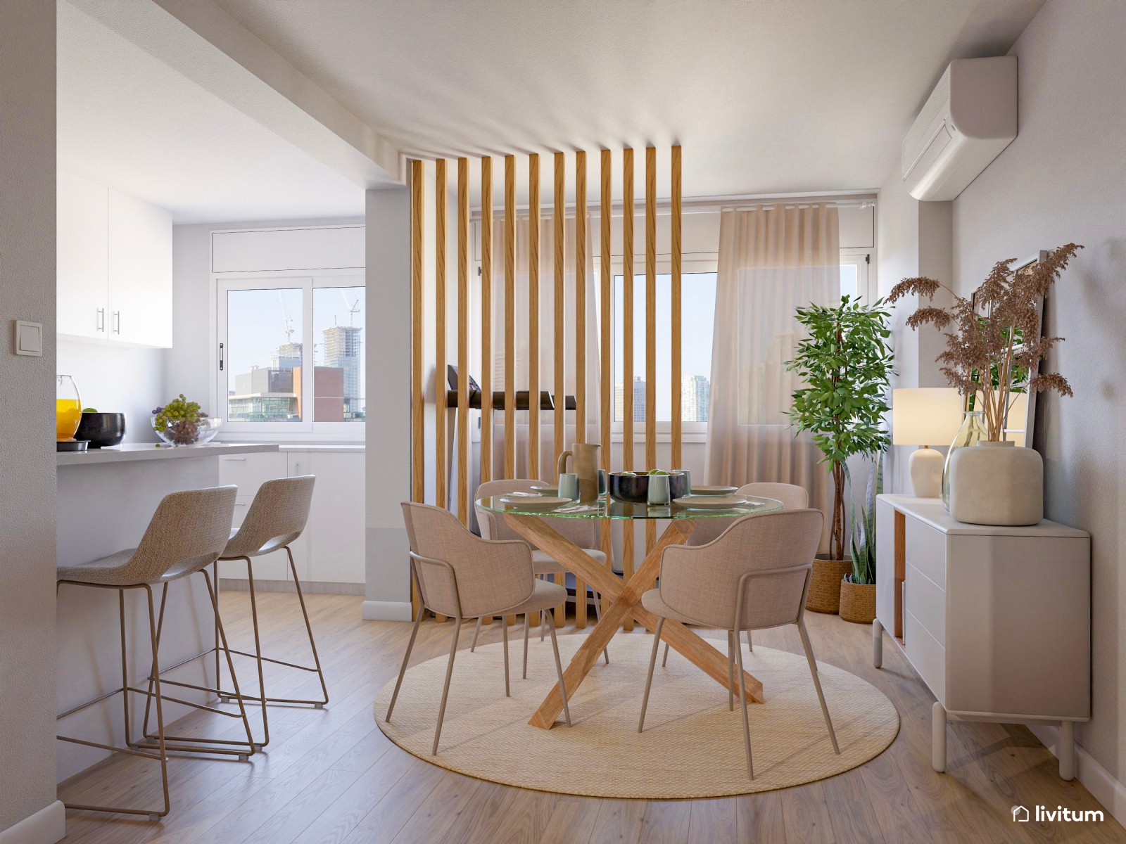 Un salón elegante y nórdico con espacio para ejercitarse 